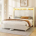 Cadre de lit Queen Size en velours gris avec lumières LED et ports de charge, 1 personne