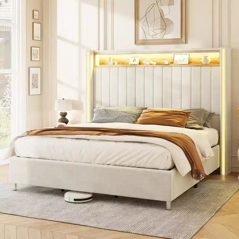 Cadre de lit Queen Size en velours gris avec lumières LED et ports de charge, 1 personne