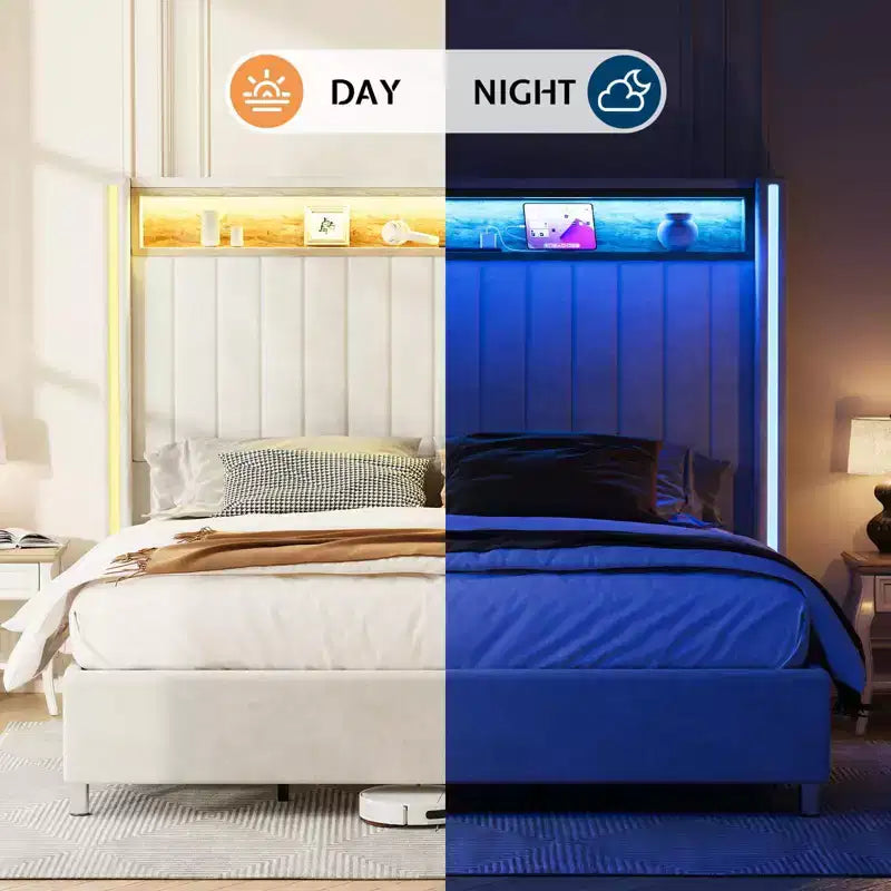 Cadre de lit Queen Size en velours gris avec lumières LED et ports de charge, 1 personne
