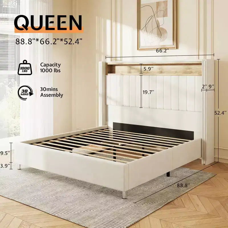 Cadre de lit Queen Size en velours gris avec lumières LED et ports de charge, 1 personne