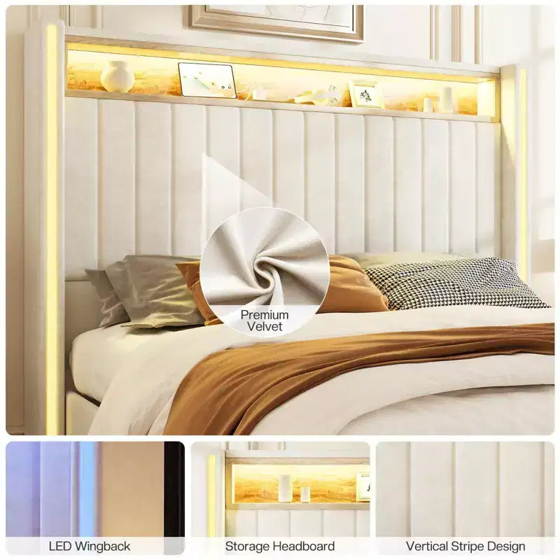 Cadre de lit Queen Size en velours gris avec lumières LED et ports de charge, 1 personne