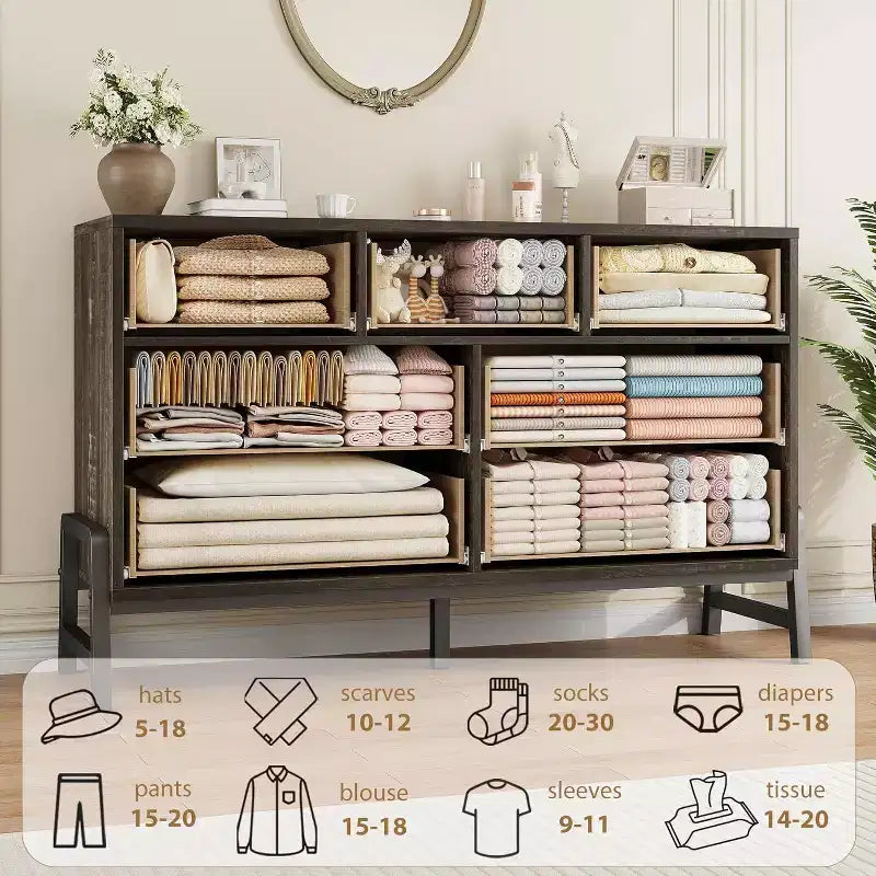 Commode à 7 tiroirs, 52 po de large, chêne naturel / chêne naturel et marron, commode de rangement en MDF