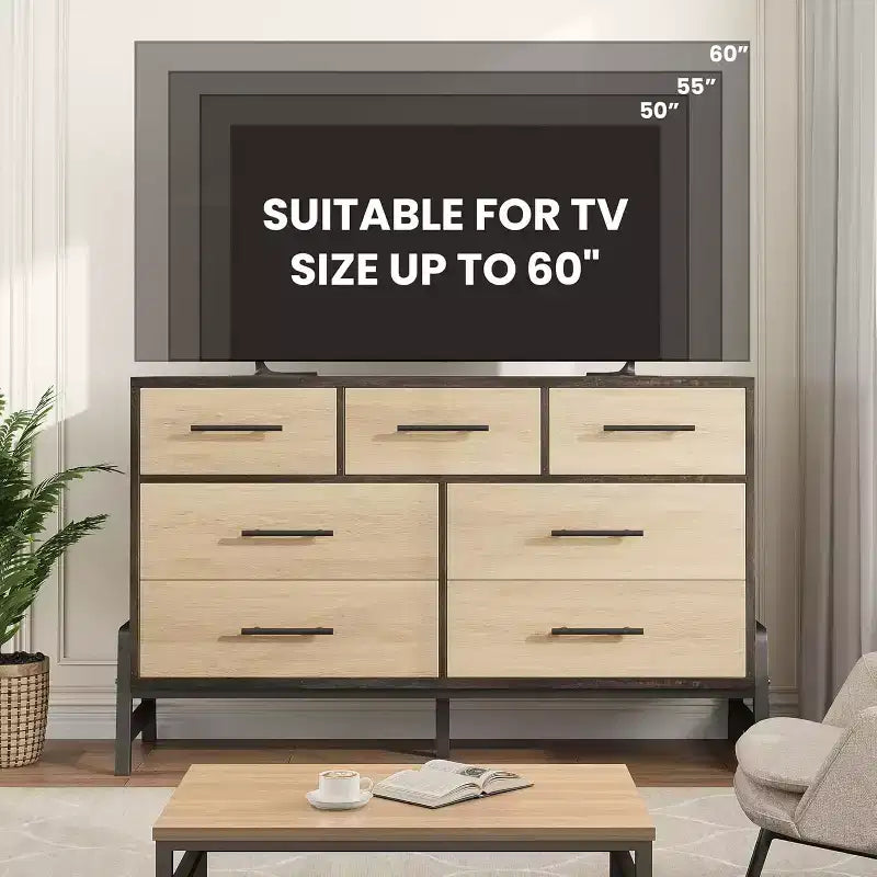 Commode à 7 tiroirs, 52 po de large, chêne naturel / chêne naturel et marron, commode de rangement en MDF