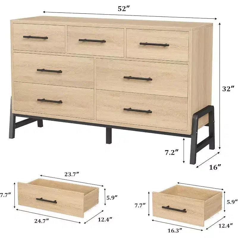 Commode à 7 tiroirs, 52 po de large, chêne naturel / chêne naturel et marron, commode de rangement en MDF