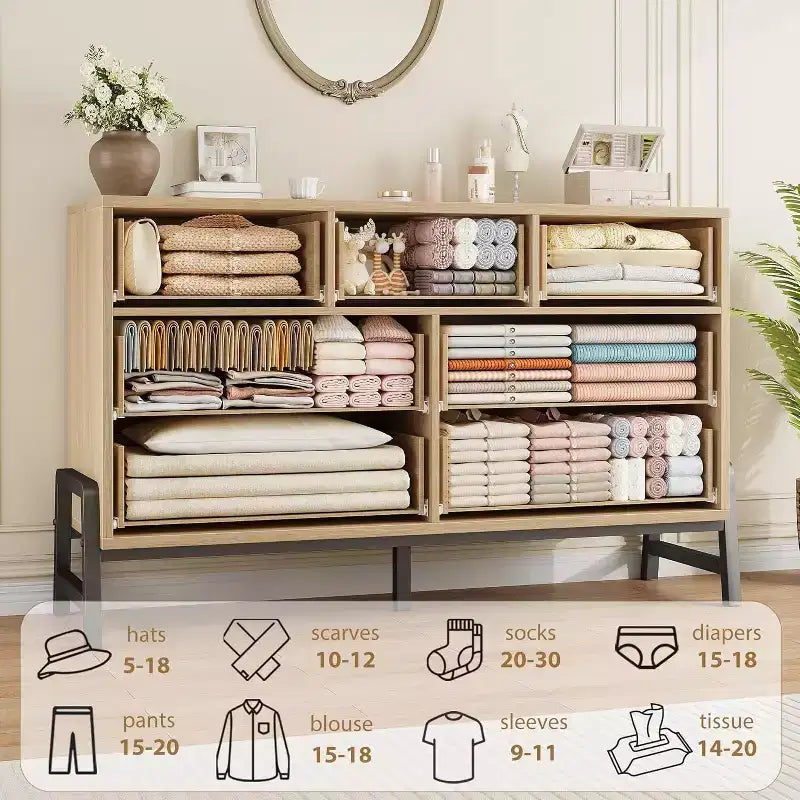 Commode à 7 tiroirs, 52 po de large, chêne naturel / chêne naturel et marron, commode de rangement en MDF