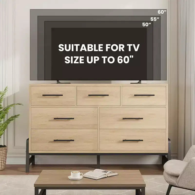 Commode à 7 tiroirs, 52 po de large, chêne naturel / chêne naturel et marron, commode de rangement en MDF
