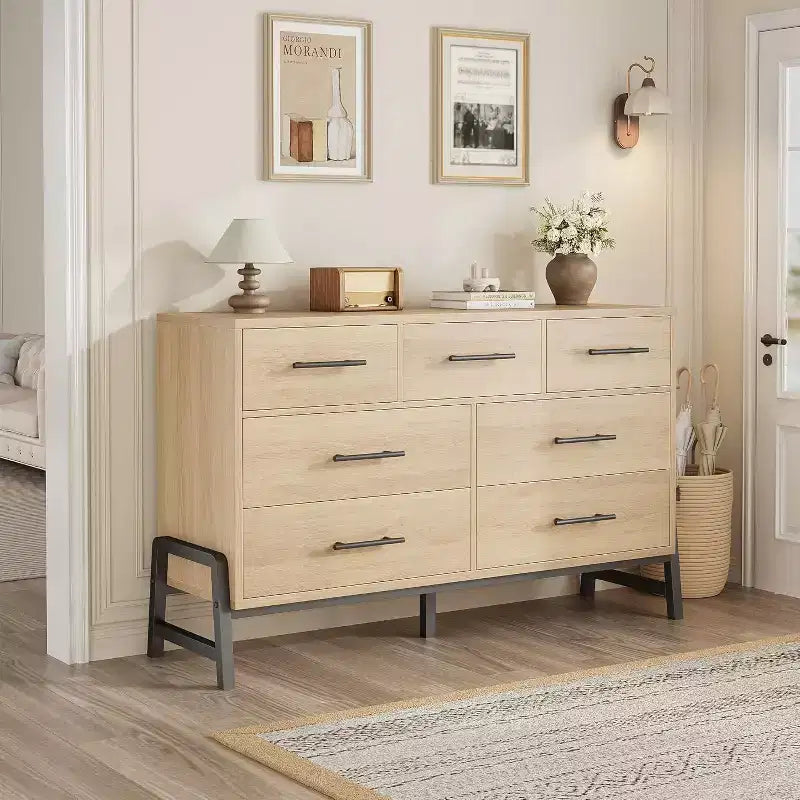 Commode à 7 tiroirs, 52 po de large, chêne naturel / chêne naturel et marron, commode de rangement en MDF