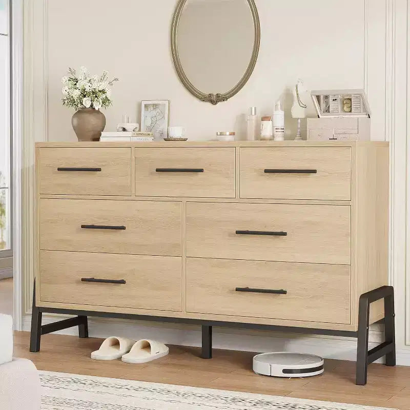 Commode à 7 tiroirs, 52 po de large, chêne naturel / chêne naturel et marron, commode de rangement en MDF