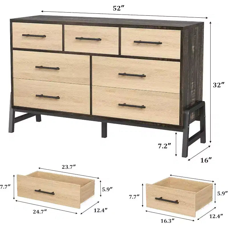 Commode à 7 tiroirs, 52 po de large, chêne naturel / chêne naturel et marron, commode de rangement en MDF