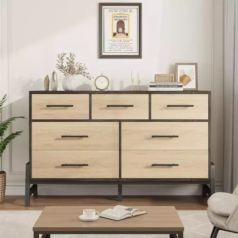 Commode à 7 tiroirs, 52 po de large, chêne naturel / chêne naturel et marron, commode de rangement en MDF