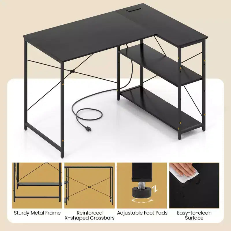 Bureau d'angle en L noir/marron/blanc avec prises électriques, étagère réglable, pour 1 personne