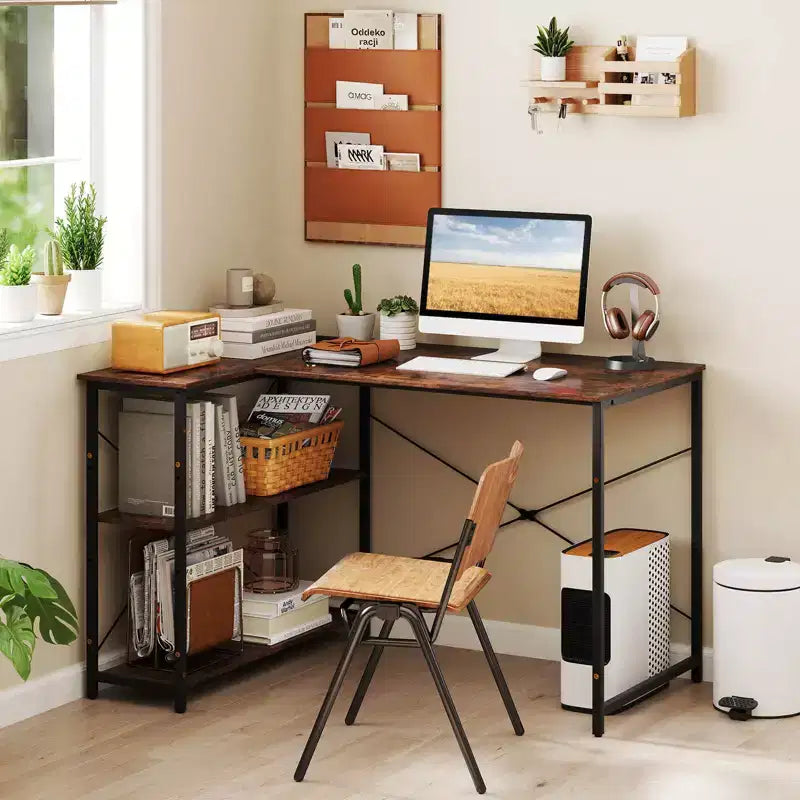 Bureau d'angle en L noir/marron/blanc avec prises électriques, étagère réglable, pour 1 personne