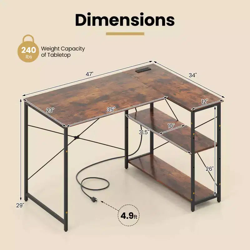 Bureau d'angle en L noir/marron/blanc avec prises électriques, étagère réglable, pour 1 personne