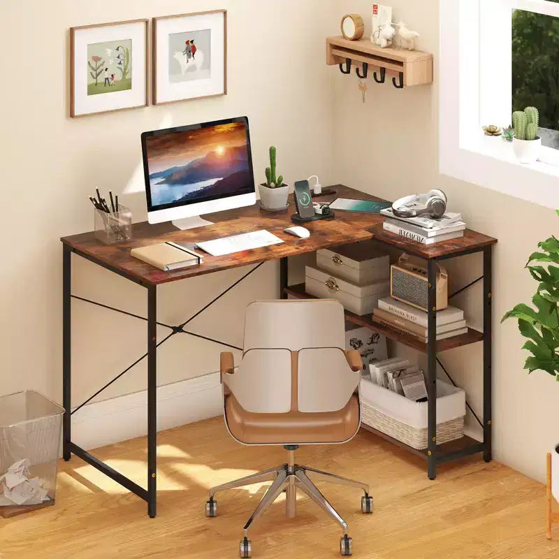 Bureau d'angle en L noir/marron/blanc avec prises électriques, étagère réglable, pour 1 personne