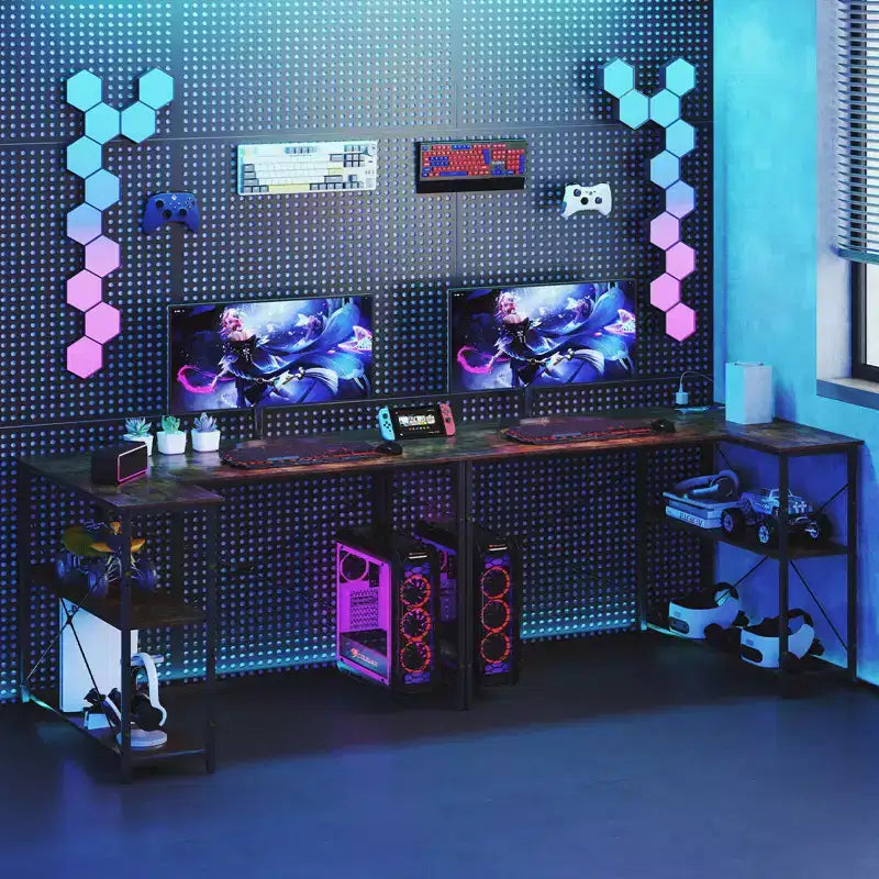 Bureau d'angle en L noir/marron/blanc avec prises électriques, étagère réglable, pour 1 personne