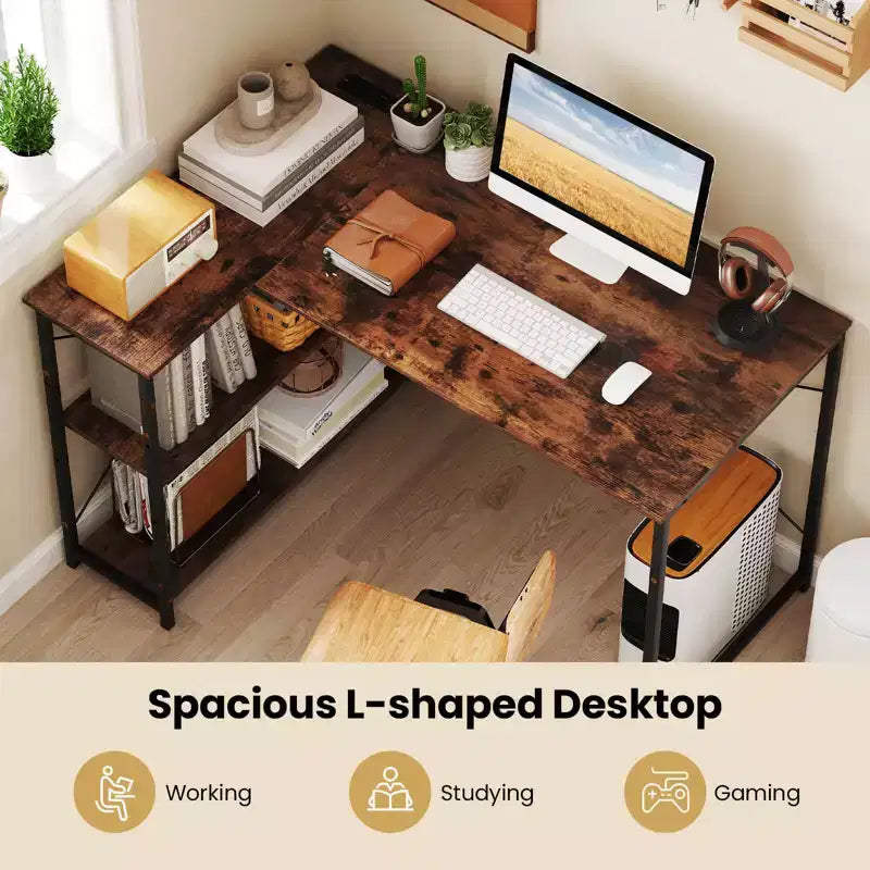 Bureau d'angle en L noir/marron/blanc avec prises électriques, étagère réglable, pour 1 personne