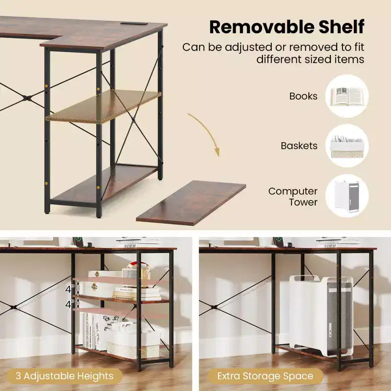 Bureau d'angle en L noir/marron/blanc avec prises électriques, étagère réglable, pour 1 personne