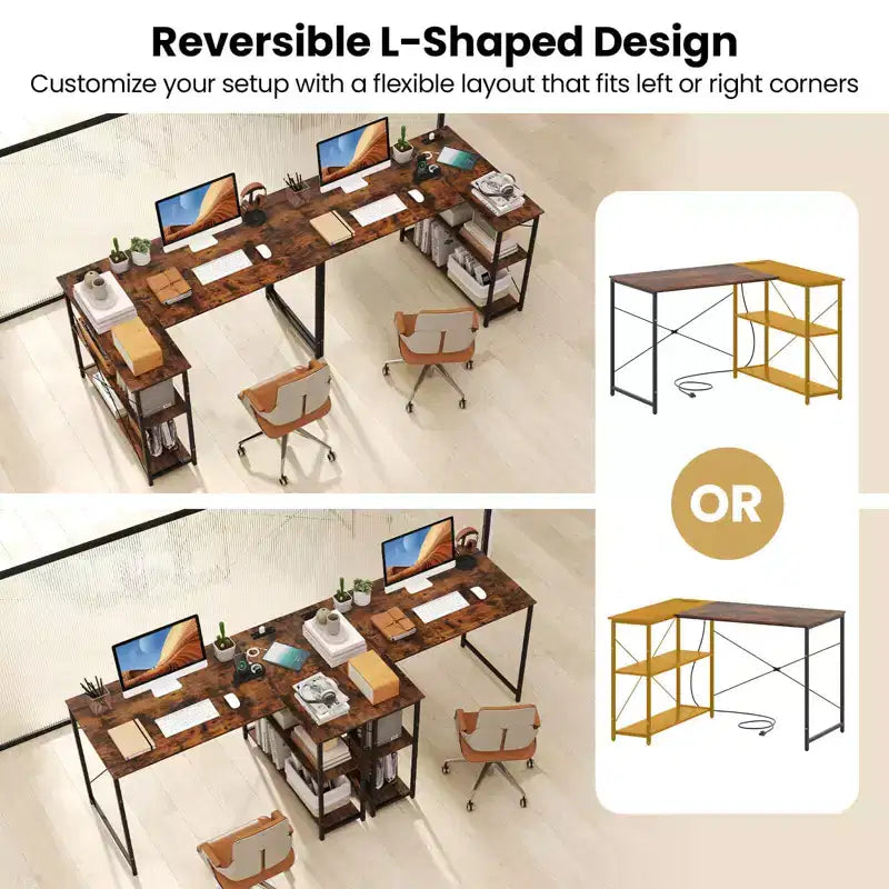 Bureau d'angle en L noir/marron/blanc avec prises électriques, étagère réglable, pour 1 personne