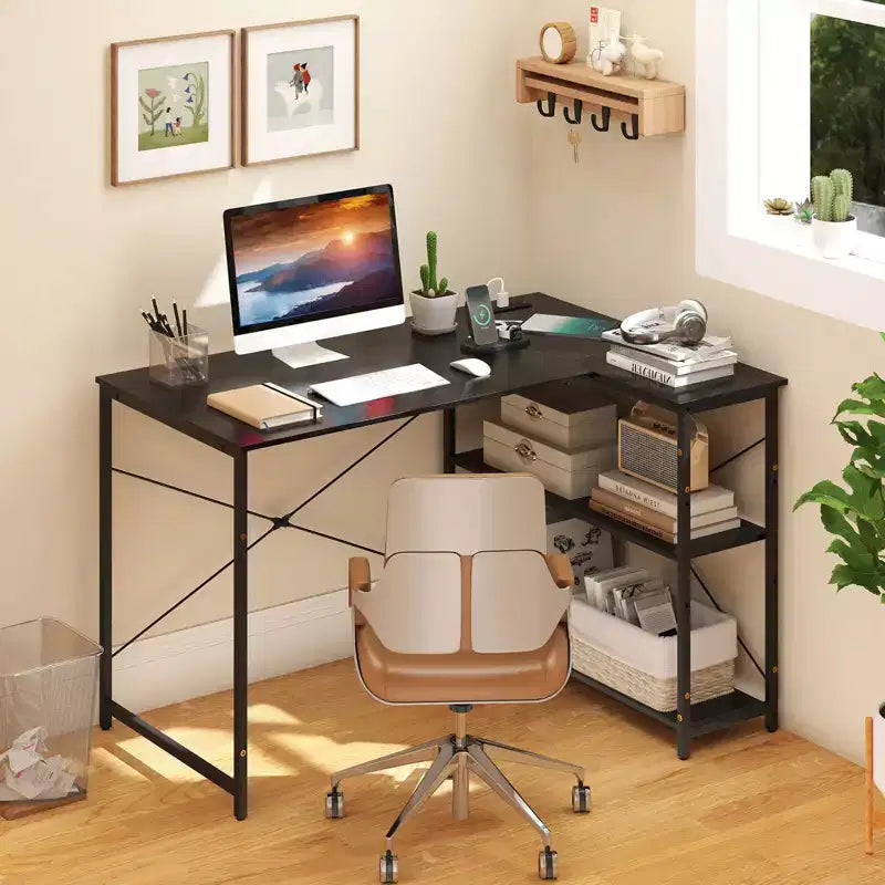 Bureau d'angle en L noir/marron/blanc avec prises électriques, étagère réglable, pour 1 personne