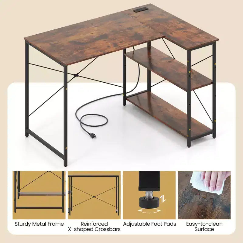 Bureau d'angle en L noir/marron/blanc avec prises électriques, étagère réglable, pour 1 personne