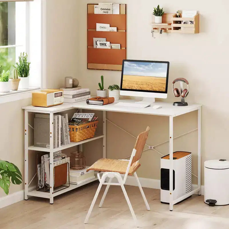 Bureau d'angle en L noir/marron/blanc avec prises électriques, étagère réglable, pour 1 personne