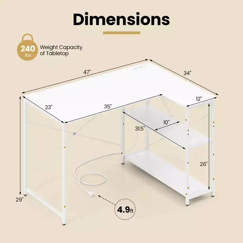 Bureau d'angle en L noir/marron/blanc avec prises électriques, étagère réglable, pour 1 personne