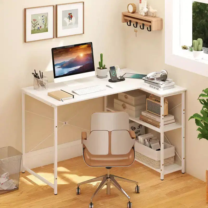 Bureau d'angle en L noir/marron/blanc avec prises électriques, étagère réglable, pour 1 personne