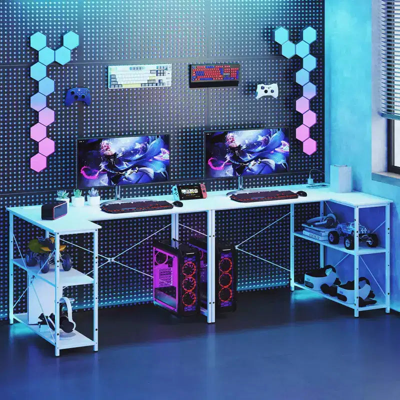 Bureau d'angle en L noir/marron/blanc avec prises électriques, étagère réglable, pour 1 personne