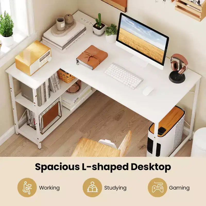 Bureau d'angle en L noir/marron/blanc avec prises électriques, étagère réglable, pour 1 personne
