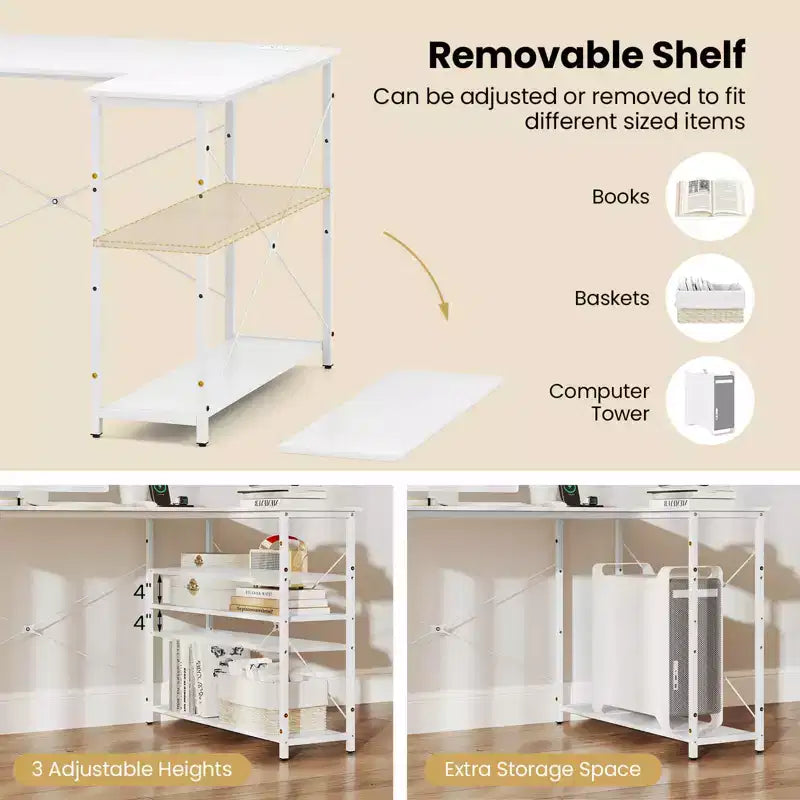 Bureau d'angle en L noir/marron/blanc avec prises électriques, étagère réglable, pour 1 personne