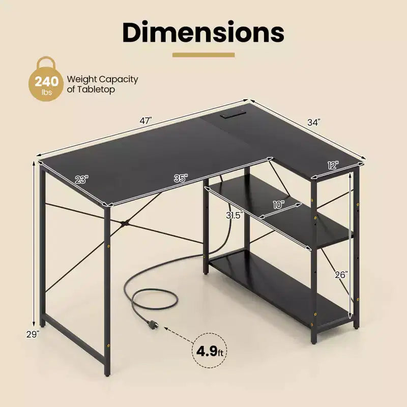 Bureau d'angle en L noir/marron/blanc avec prises électriques, étagère réglable, pour 1 personne
