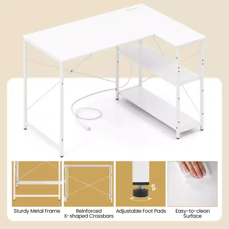 Bureau d'angle en L noir/marron/blanc avec prises électriques, étagère réglable, pour 1 personne