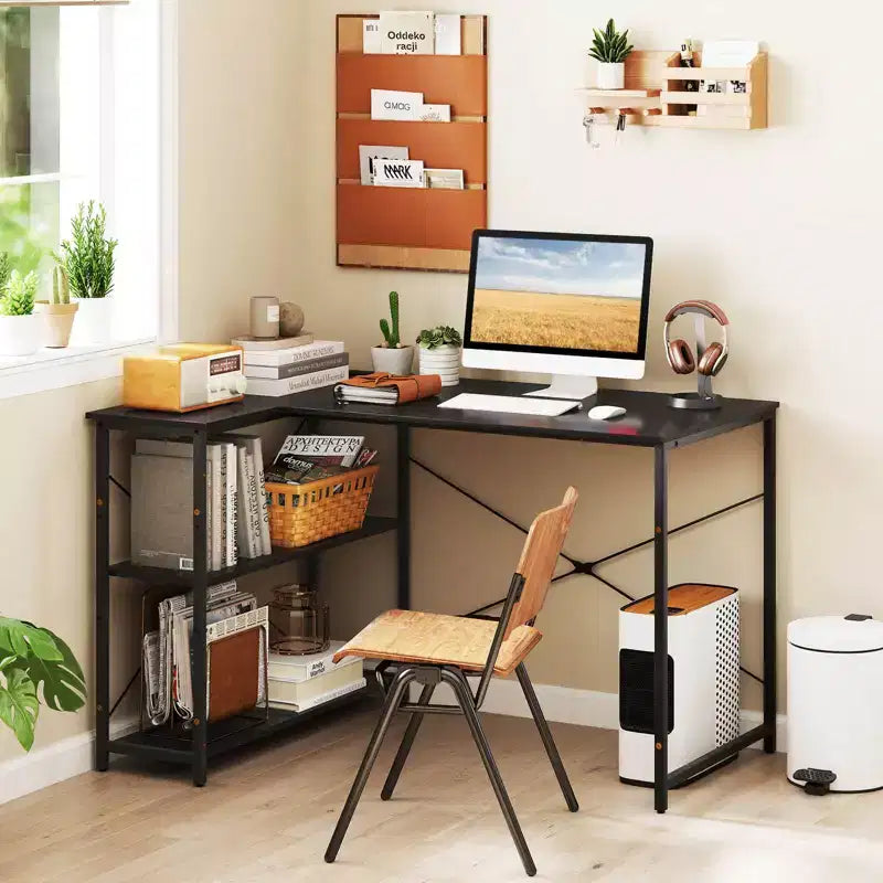 Bureau d'angle en L noir/marron/blanc avec prises électriques, étagère réglable, pour 1 personne