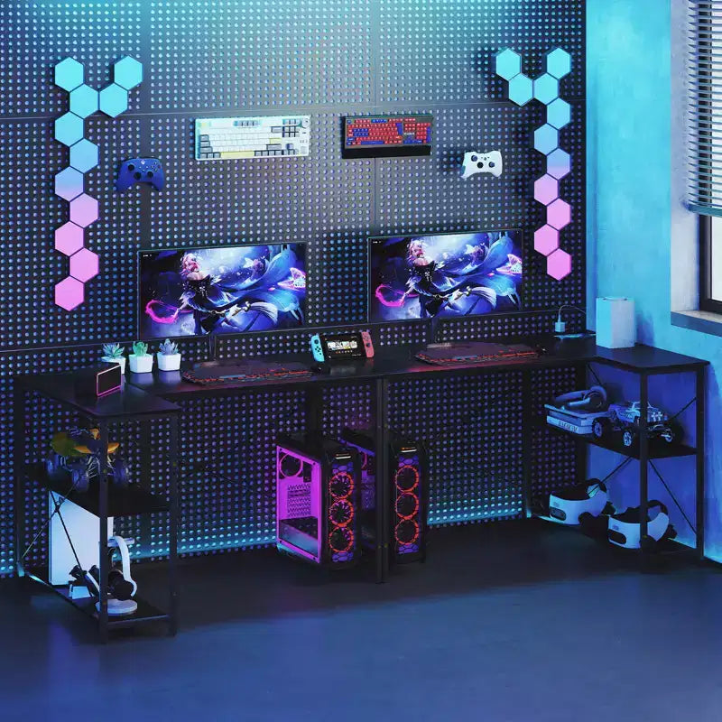Bureau d'angle en L noir/marron/blanc avec prises électriques, étagère réglable, pour 1 personne