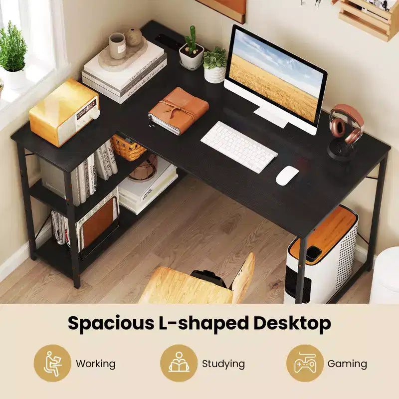 Bureau d'angle en L noir/marron/blanc avec prises électriques, étagère réglable, pour 1 personne