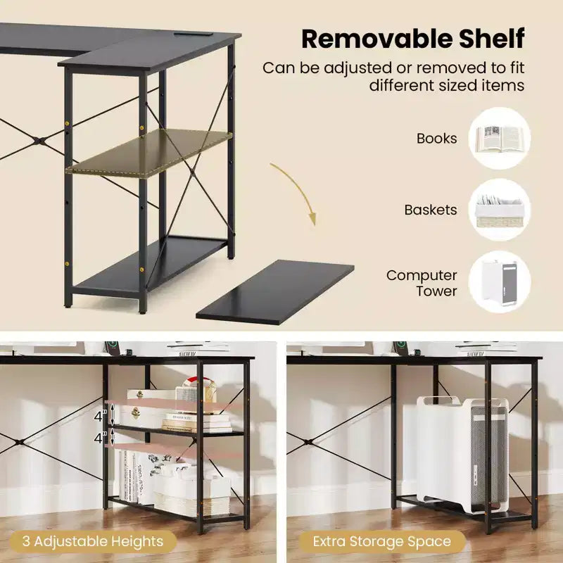 Bureau d'angle en L noir/marron/blanc avec prises électriques, étagère réglable, pour 1 personne