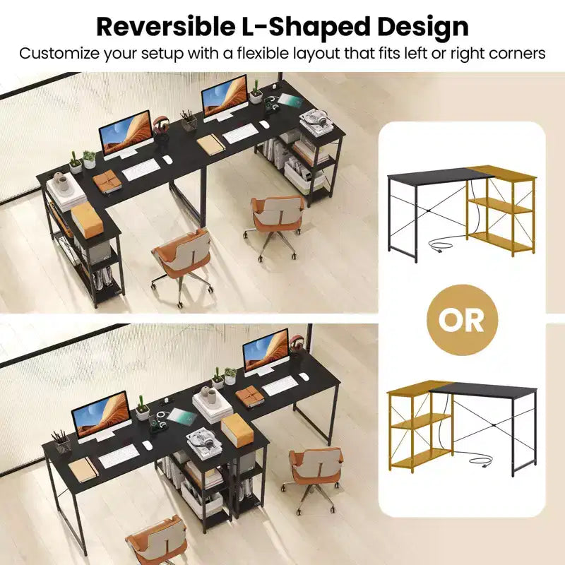 Bureau d'angle en L noir/marron/blanc avec prises électriques, étagère réglable, pour 1 personne