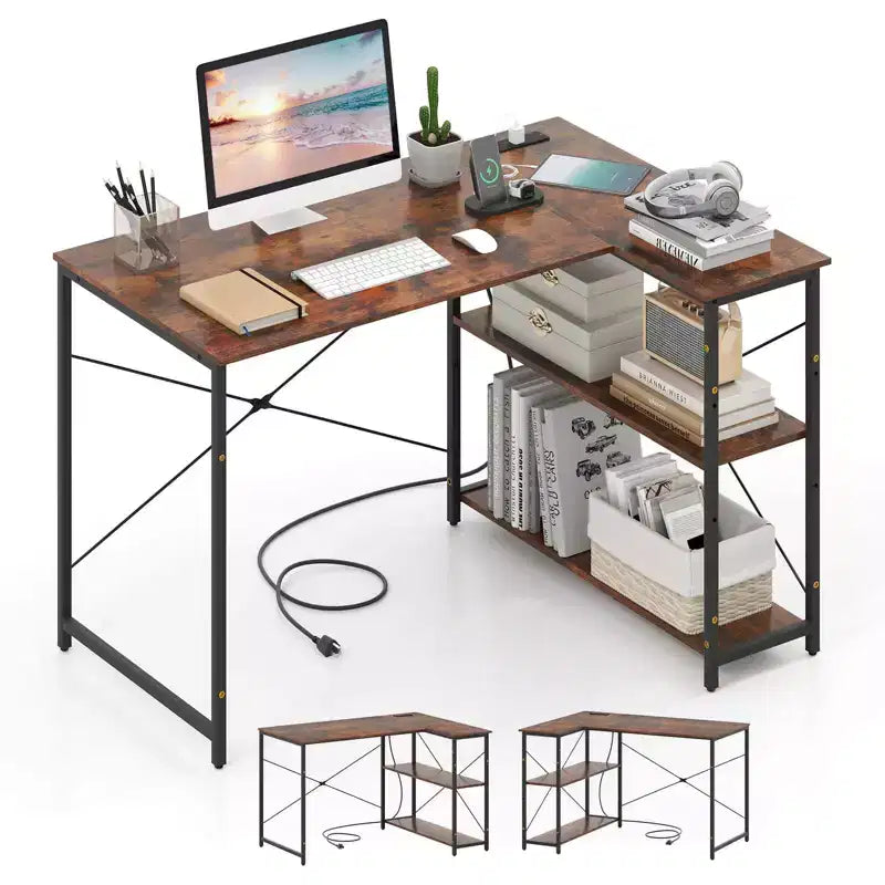 Bureau d'angle en L noir/marron/blanc avec prises électriques, étagère réglable, pour 1 personne