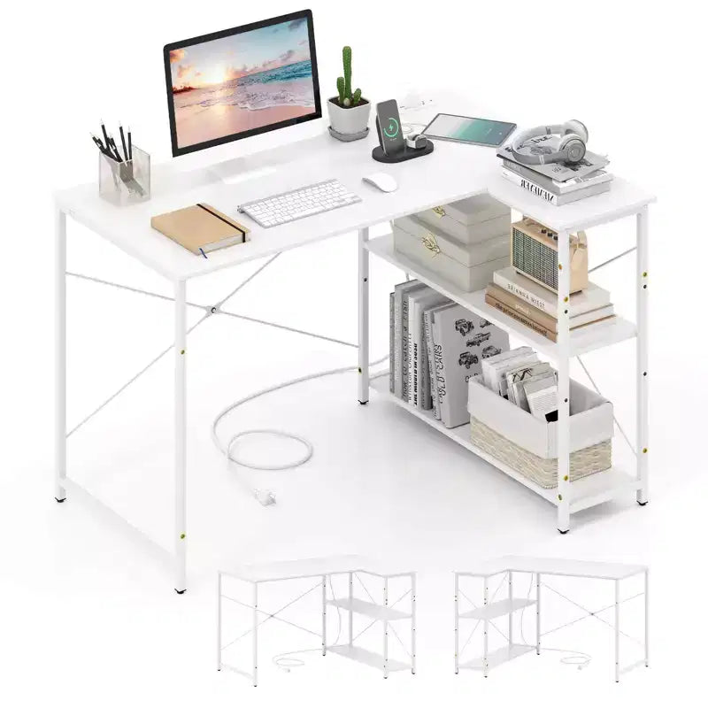 Bureau d'angle en L noir/marron/blanc avec prises électriques, étagère réglable, pour 1 personne