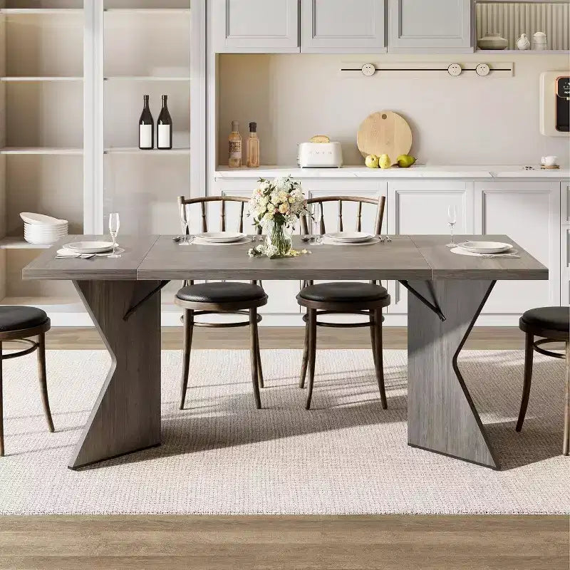 Table à manger rectangulaire 6 places en Nanmu doré / gris, plateau en bois, pieds en V, 180 cm