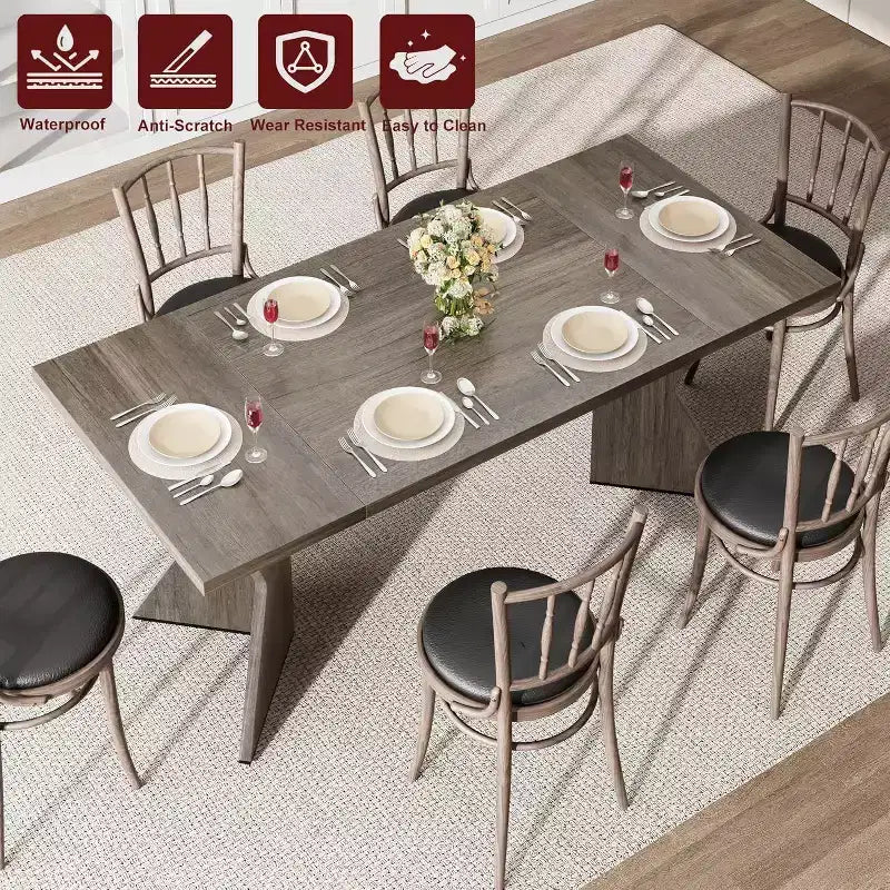 Table à manger rectangulaire 6 places en Nanmu doré / gris, plateau en bois, pieds en V, 180 cm