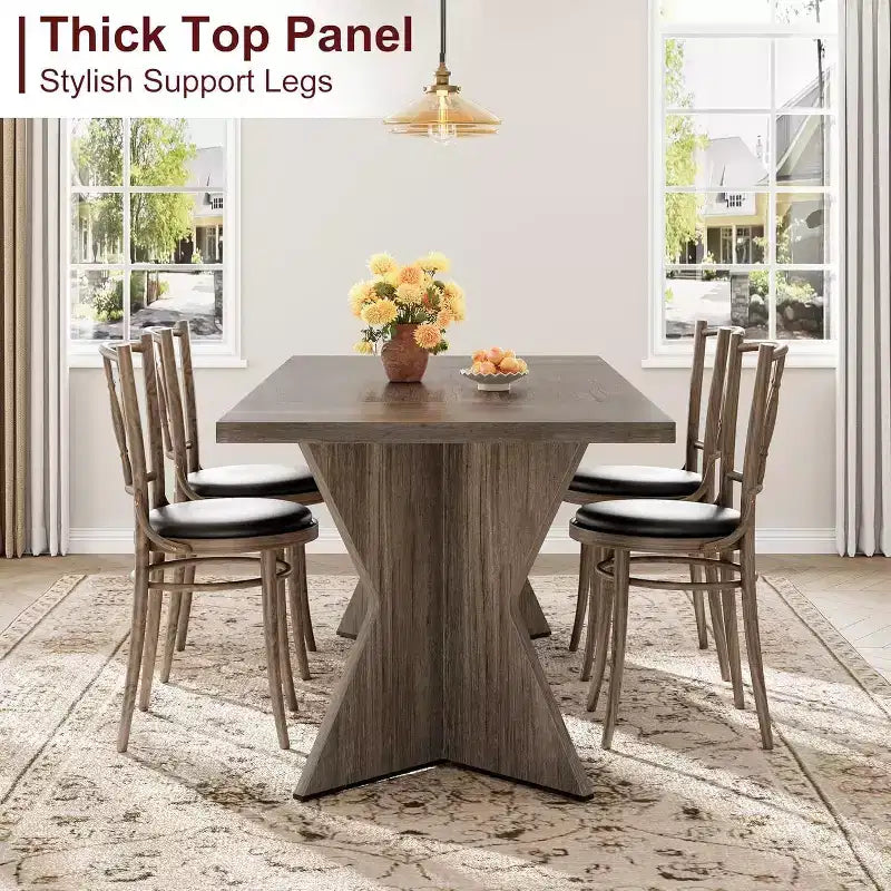 Table à manger rectangulaire 6 places en Nanmu doré / gris, plateau en bois, pieds en V, 180 cm