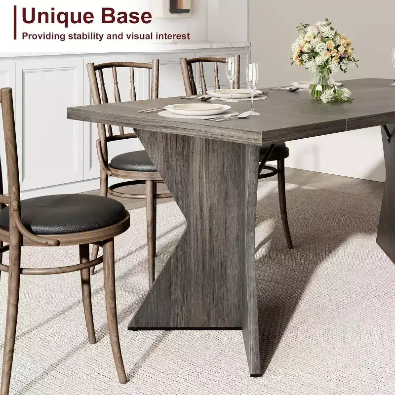 Table à manger rectangulaire 6 places en Nanmu doré / gris, plateau en bois, pieds en V, 180 cm