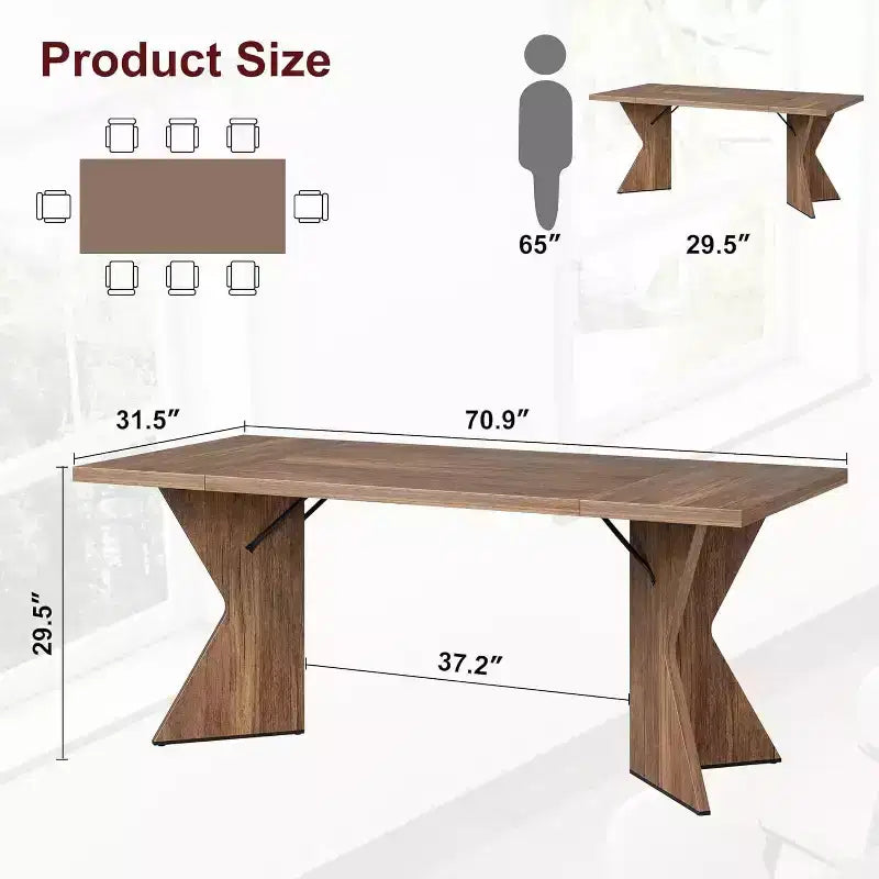 Table à manger rectangulaire 6 places en Nanmu doré / gris, plateau en bois, pieds en V, 180 cm