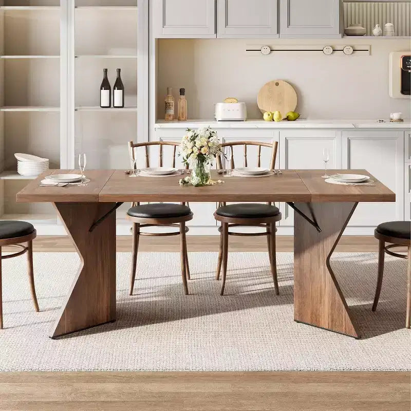 Table à manger rectangulaire 6 places en Nanmu doré / gris, plateau en bois, pieds en V, 180 cm
