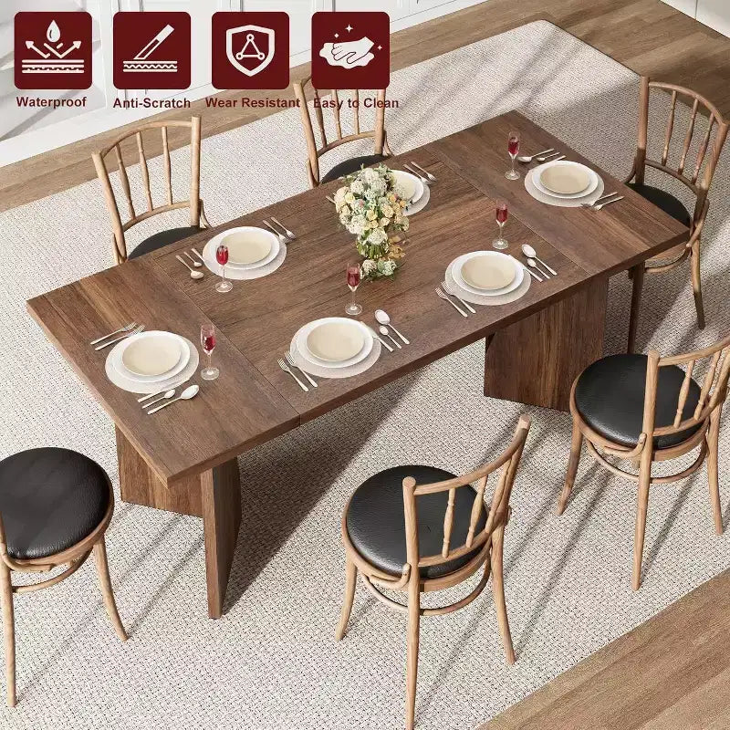 Table à manger rectangulaire 6 places en Nanmu doré / gris, plateau en bois, pieds en V, 180 cm