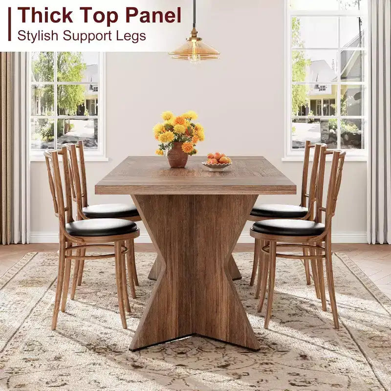 Table à manger rectangulaire 6 places en Nanmu doré / gris, plateau en bois, pieds en V, 180 cm