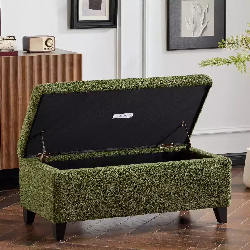 Pouf de rangement rembourré en bouclé vert, couvercle rabattable, 1 place