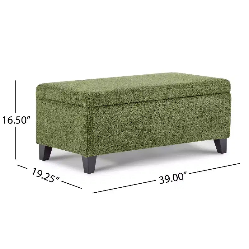 Pouf de rangement rembourré en bouclé vert, couvercle rabattable, 1 place