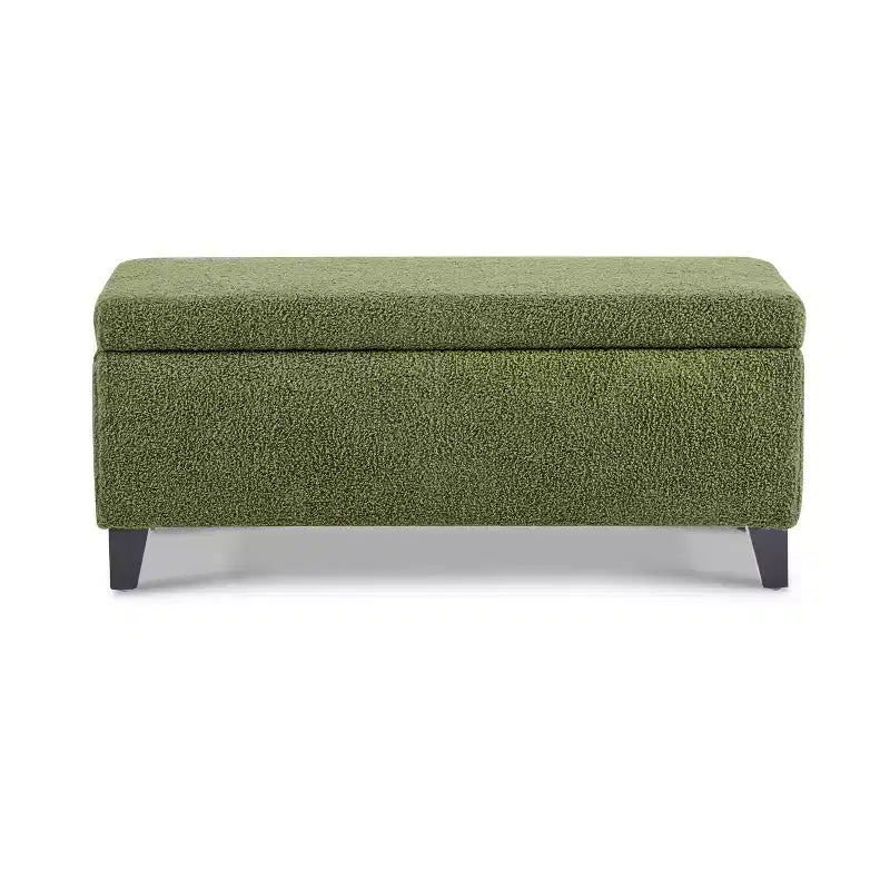 Pouf de rangement rembourré en bouclé vert, couvercle rabattable, 1 place
